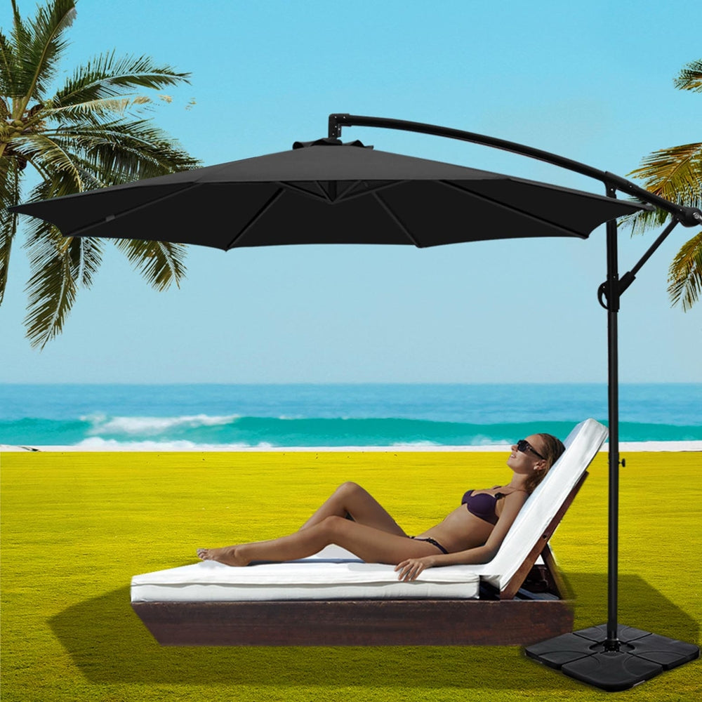 3M Umbrella W/Base Outdoor Cantilever Beach Garden Patio Parasol