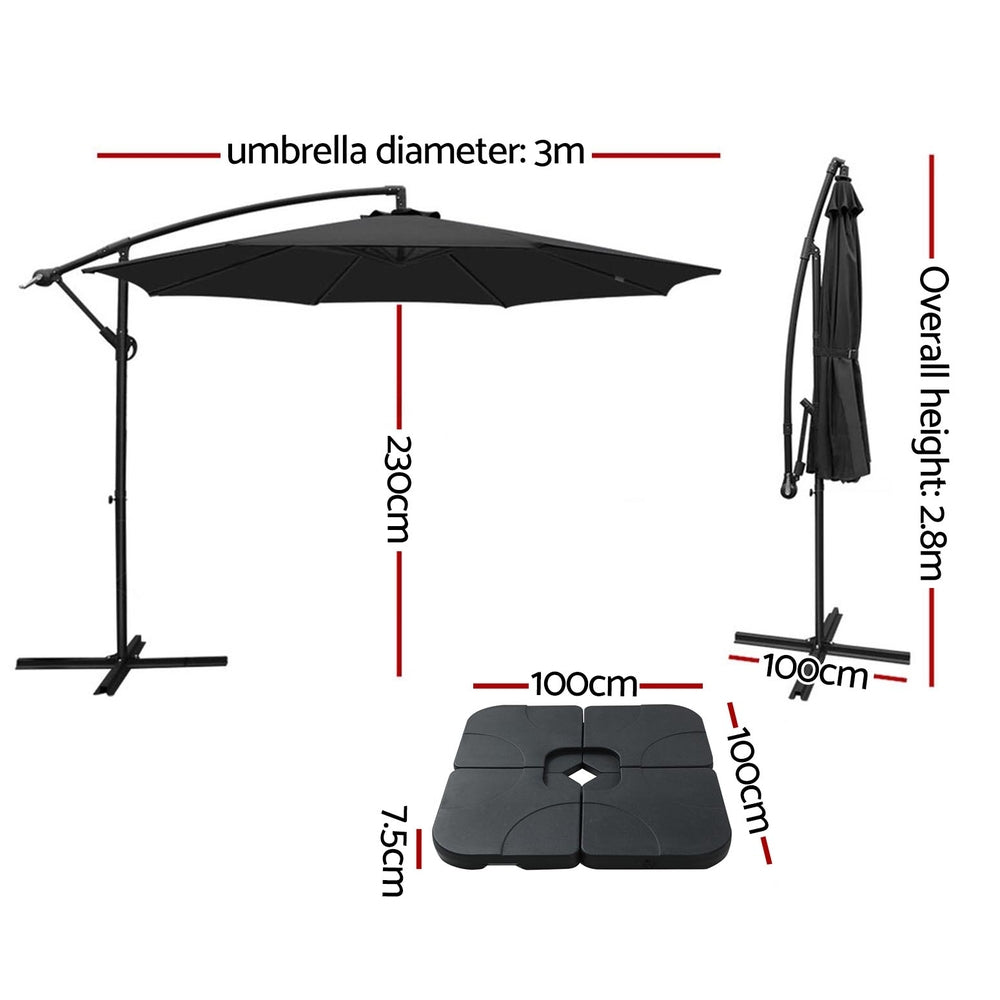 3M Umbrella W/Base Outdoor Cantilever Beach Garden Patio Parasol Black