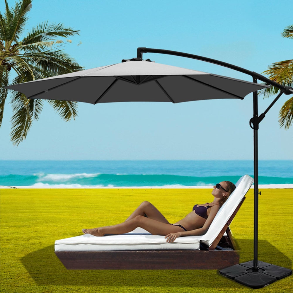 3M Umbrella W/Base Outdoor Cantilever Beach Garden Patio Parasol