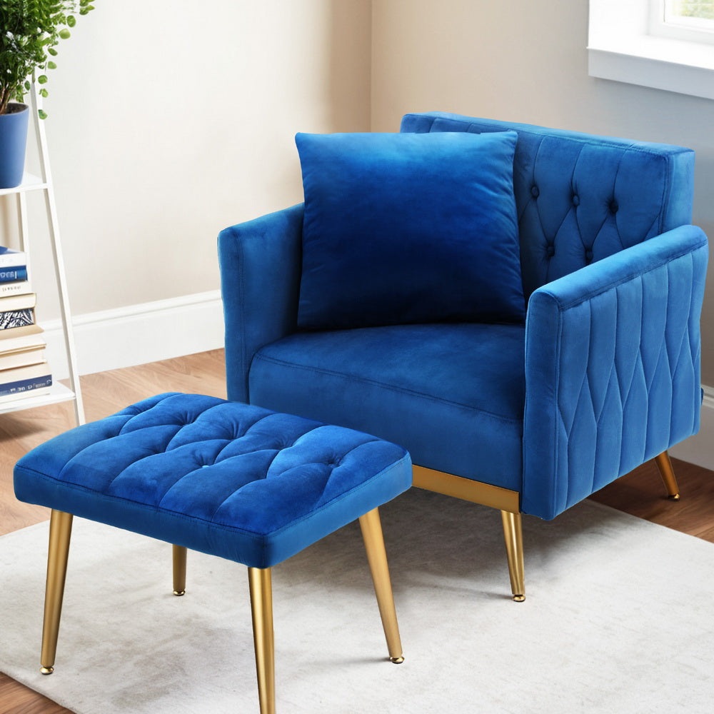 Armchair Ottoman Accent Chair Pillow Velvet Blue