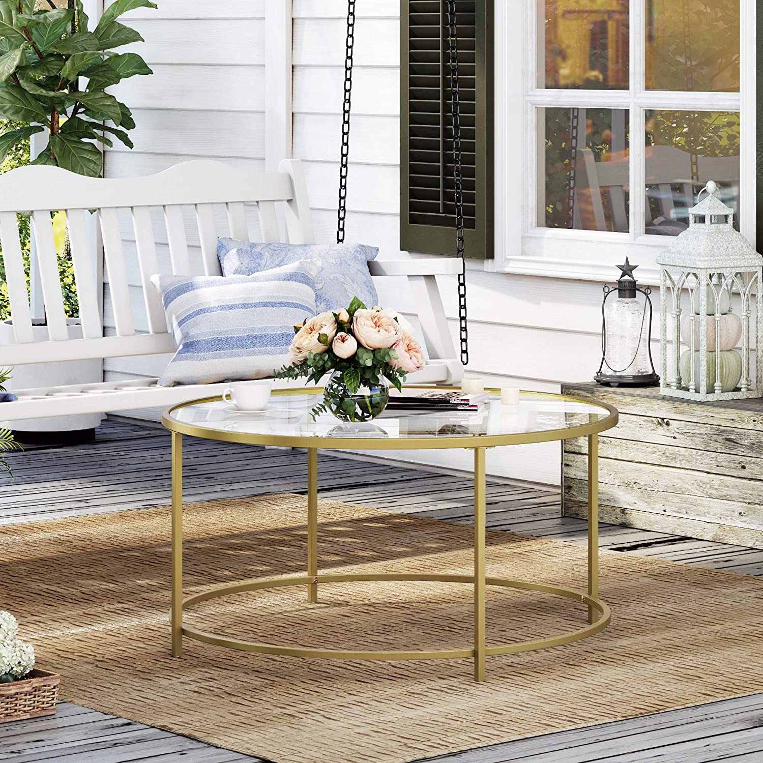 Gold Glass Table With Golden Iron Frame Stable And Robust Tempered Glass