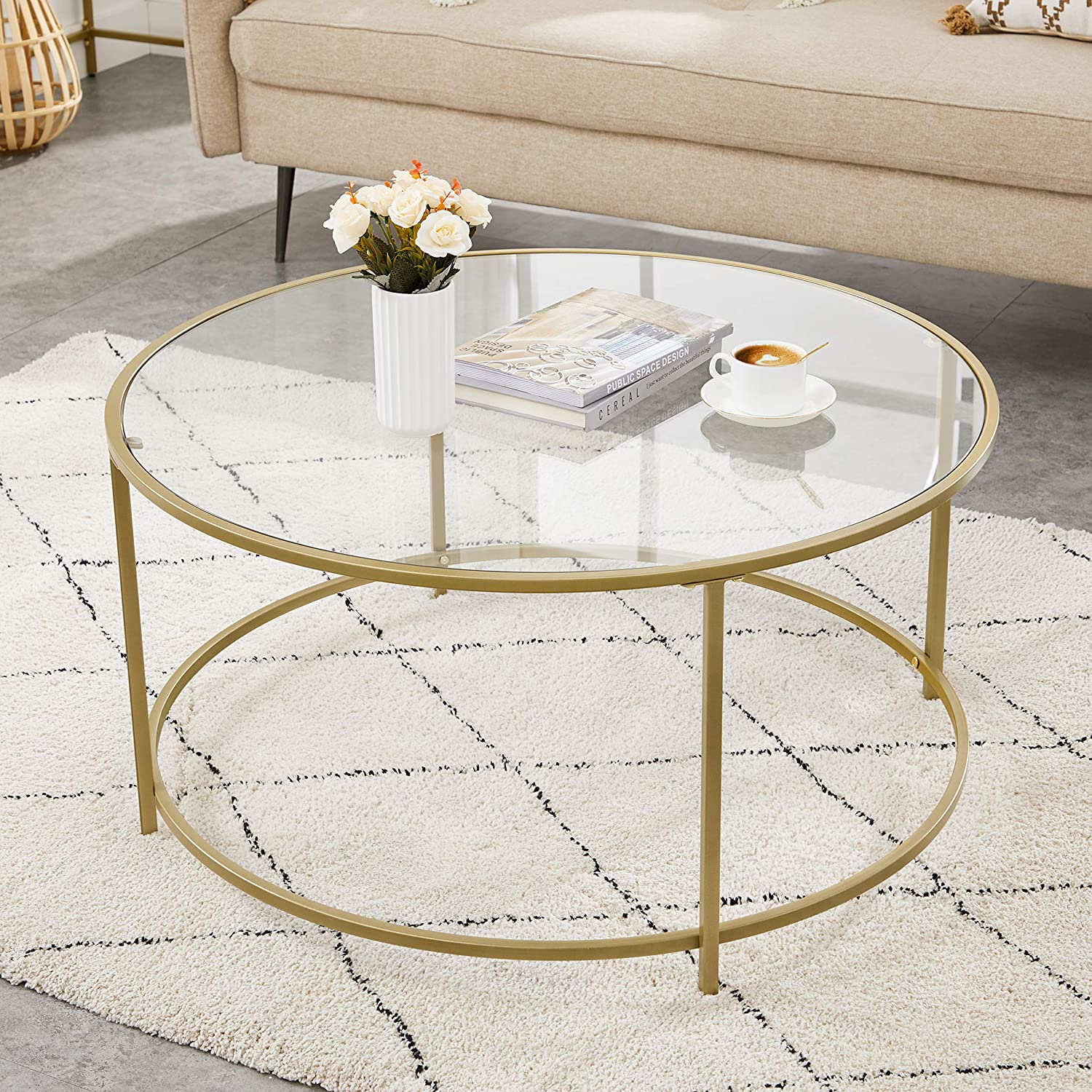 Gold Glass Table With Golden Iron Frame Stable And Robust Tempered Glass