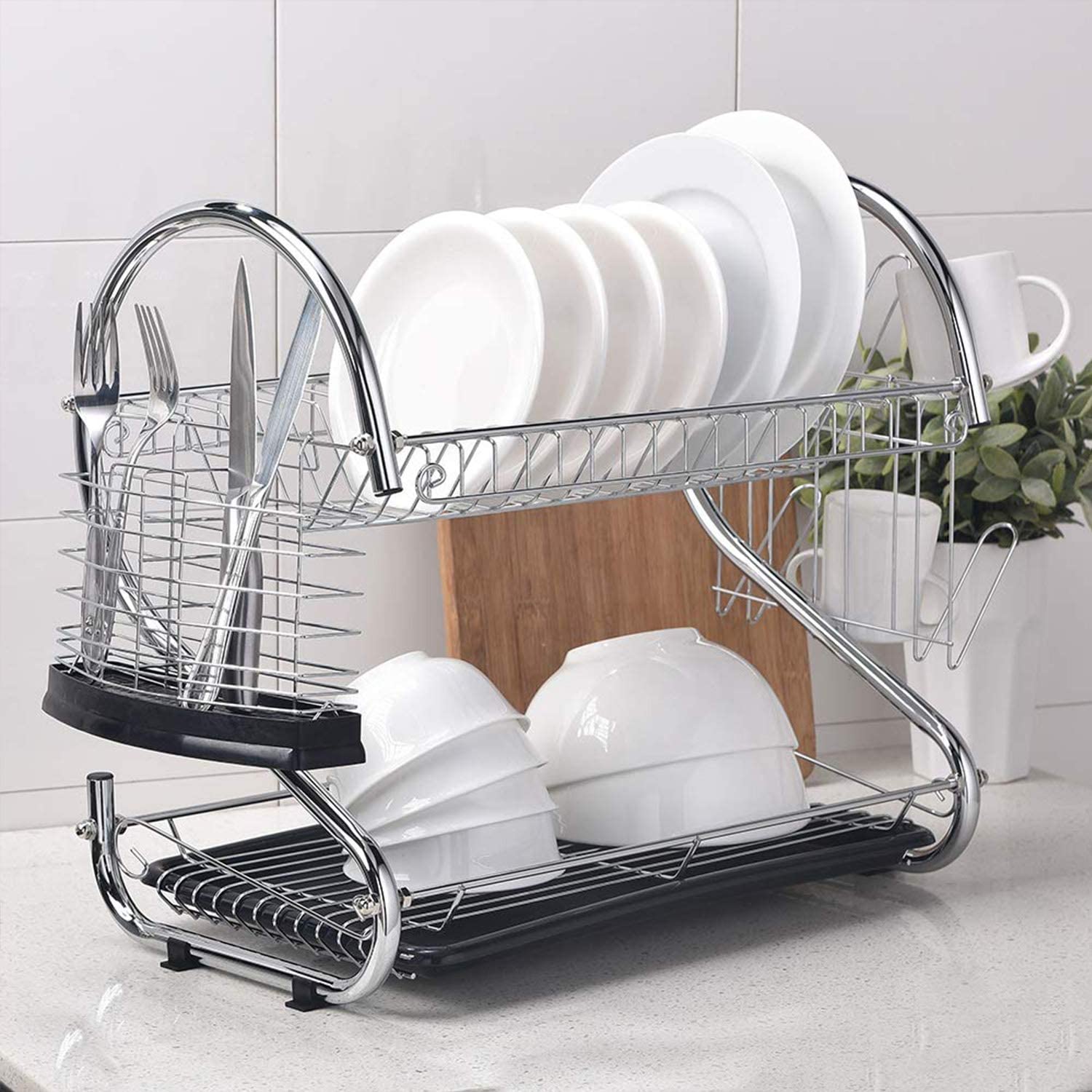 Metal Dish Drying Rack Kitchen-2-Tier With Drain Board