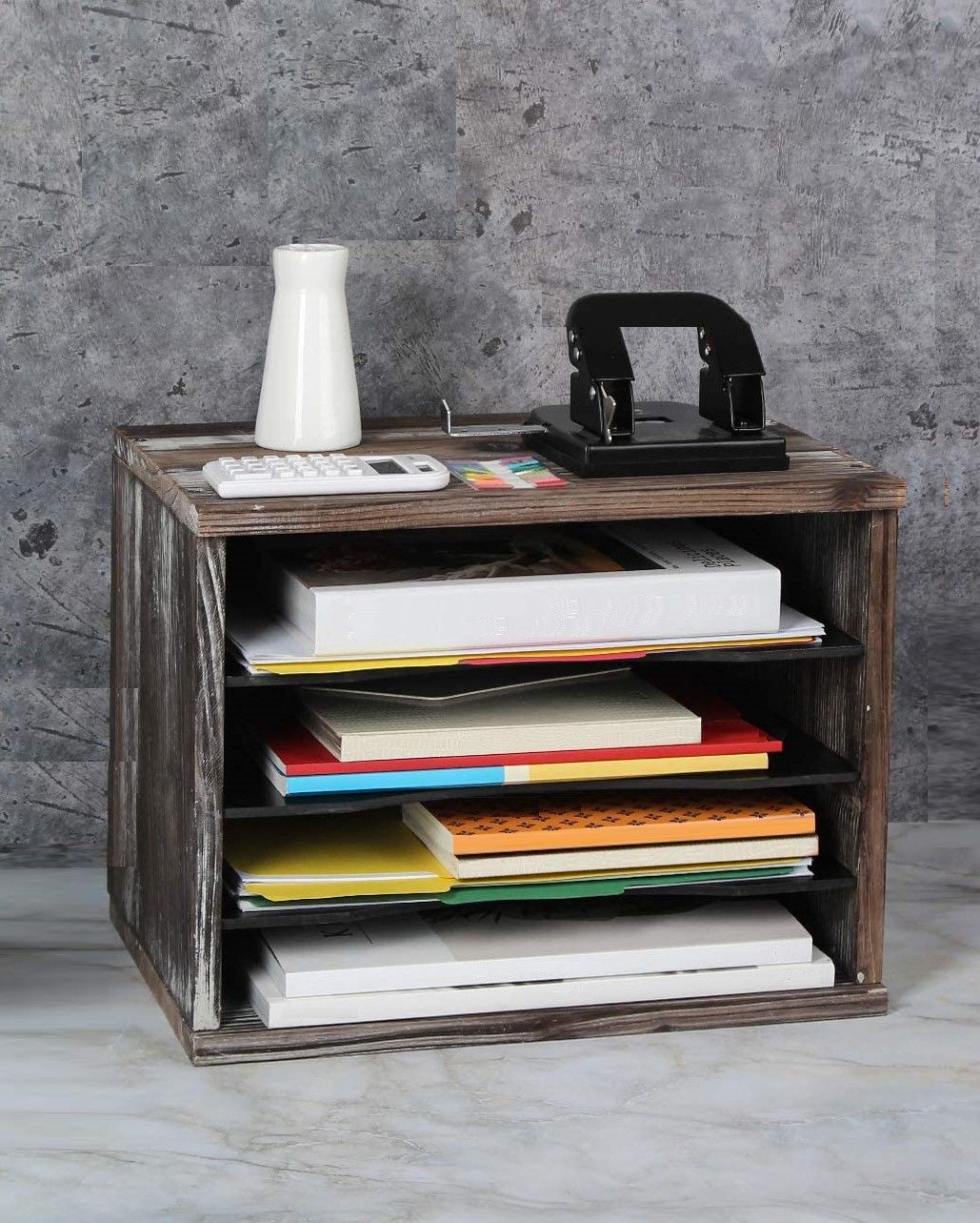 Rustic Wood Desk Organizer With 4 Compartments For Home And Office