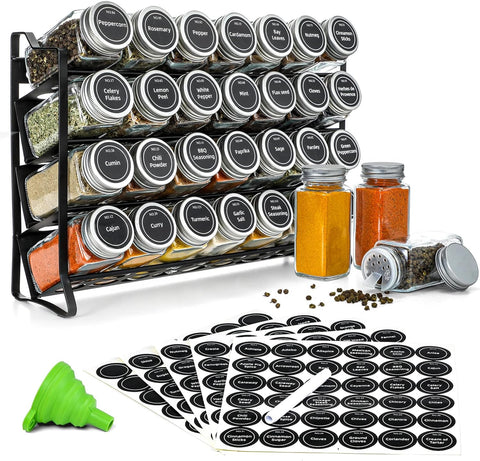 Elegant Spice Rack with 28 Jars - Labels & Funnel Included