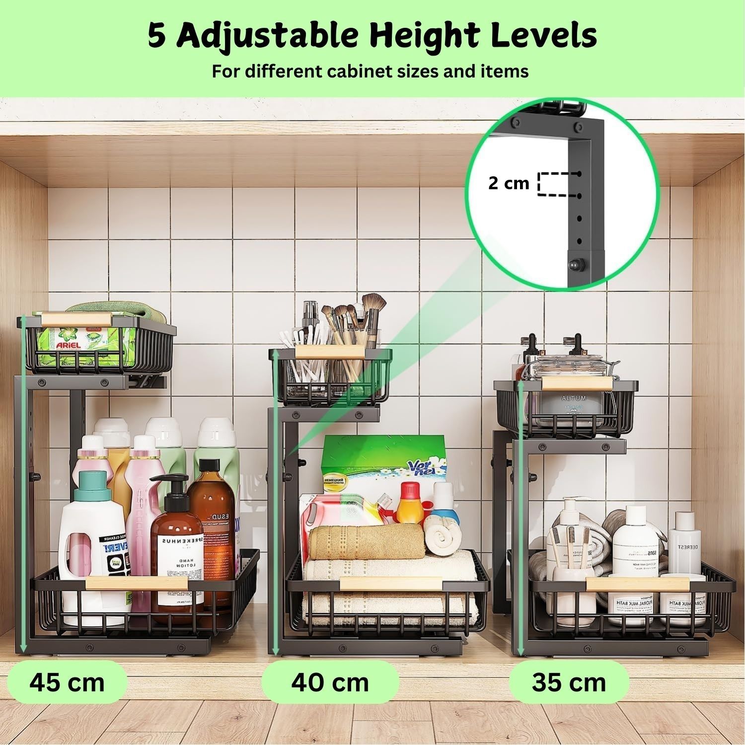 Heavy-Duty 2-Tier Under Sink Organizer - Adjustable Slide Rail Design