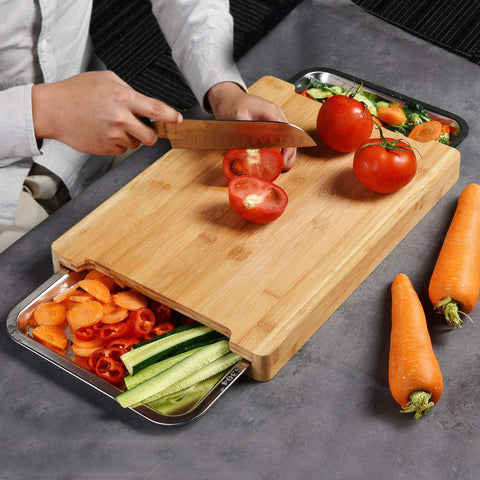 Chopping Board With With 2 Organiser Stainless Steel Trays Containers