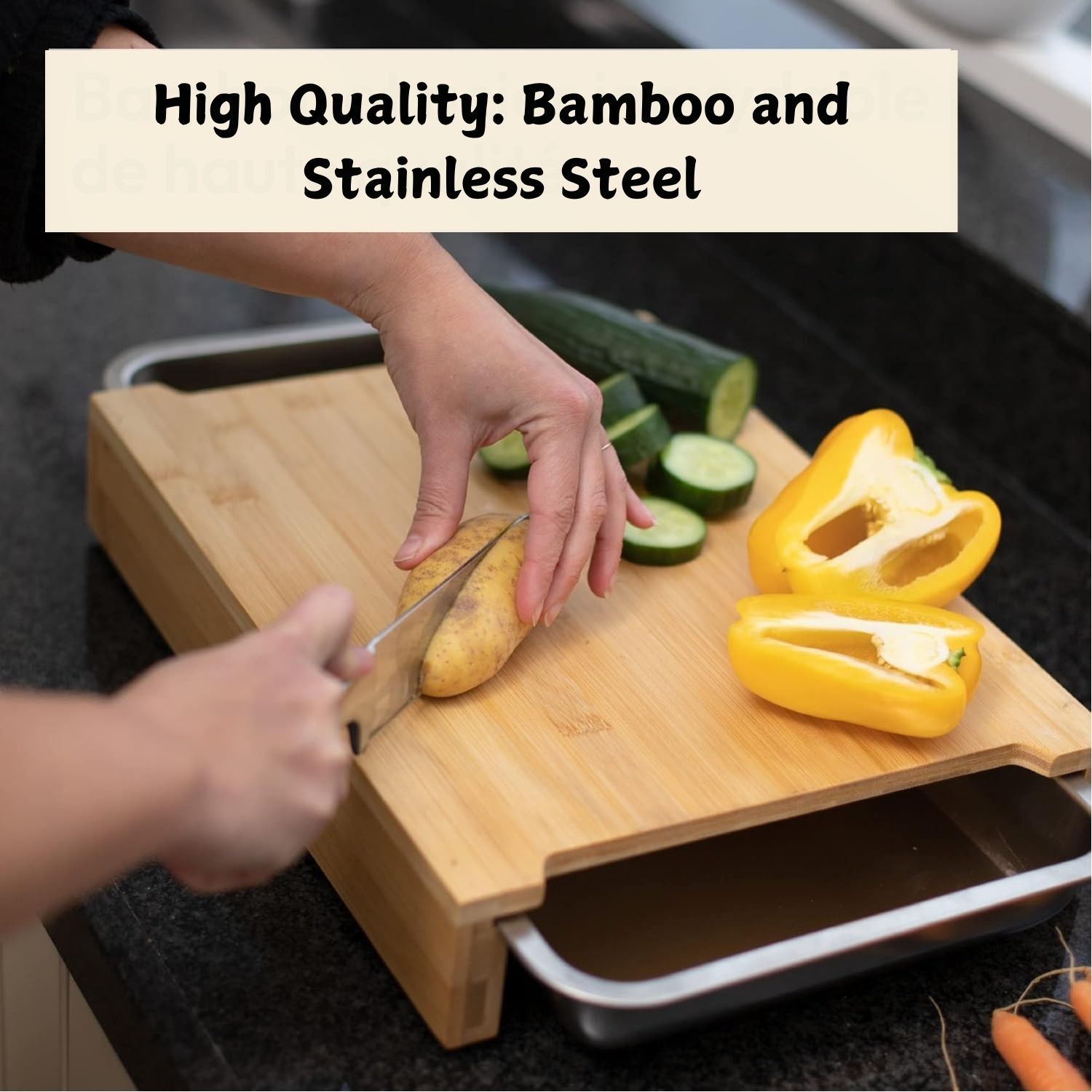 Chopping Board With With 2 Organiser Stainless Steel Trays Containers