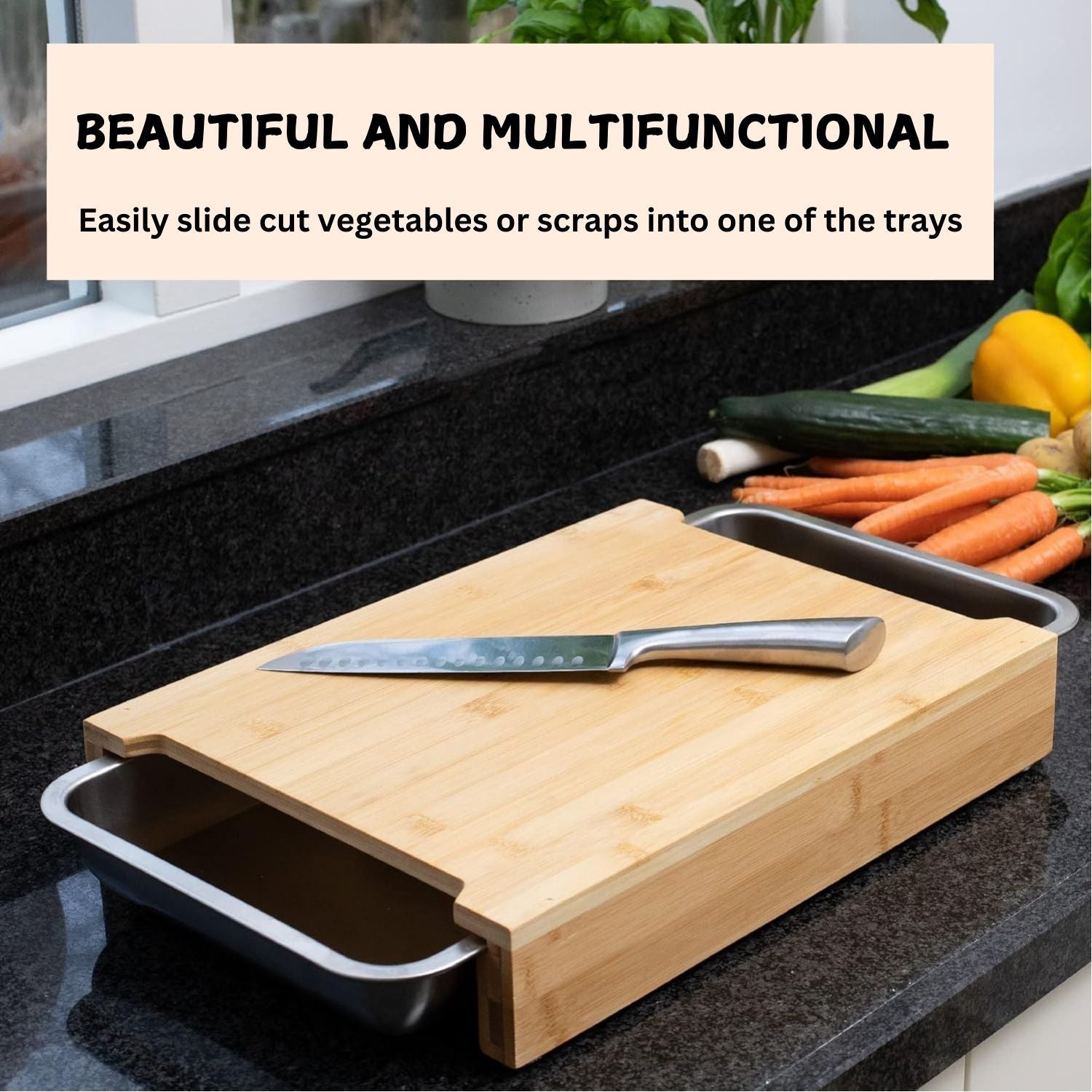 Chopping Board With With 2 Organiser Stainless Steel Trays Containers