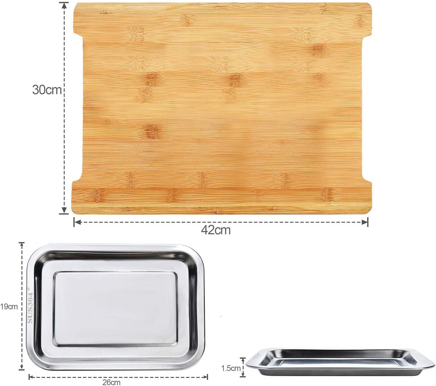 Chopping Board With With 2 Organiser Stainless Steel Trays Containers