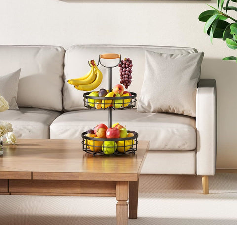 Stylish 2-Tier Fruit Basket with Banana Hanger - Wooden Handle Design