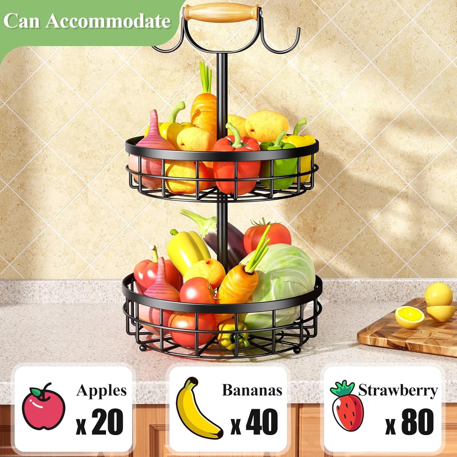 Stylish 2-Tier Fruit Basket with Banana Hanger - Wooden Handle Design