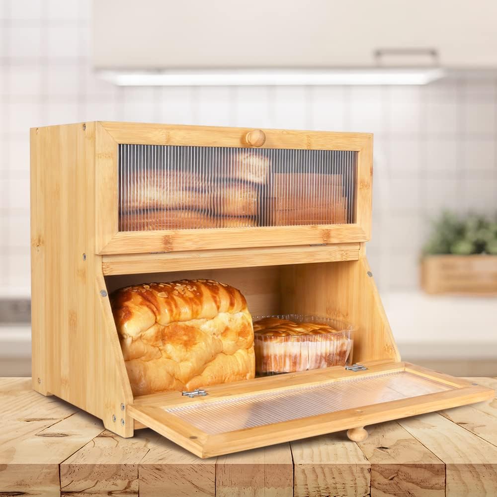 Stylish Double-Layer Bamboo Bread Box - Clear Window