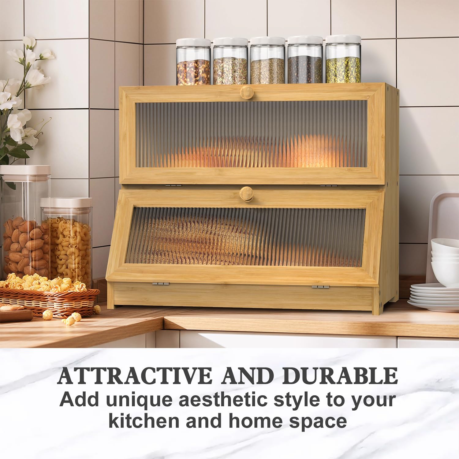 Stylish Double-Layer Bamboo Bread Box - Clear Window