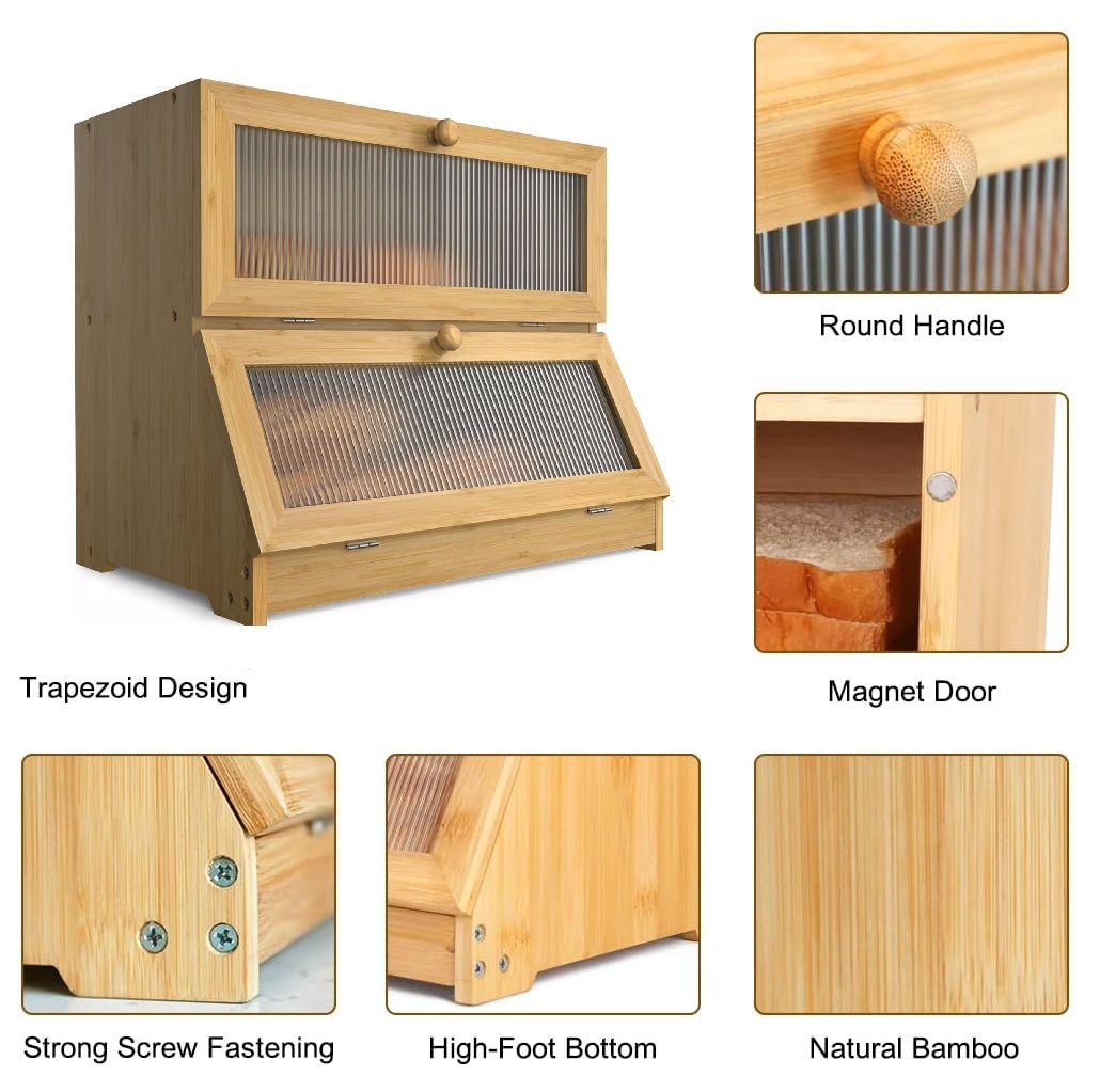 Stylish Double-Layer Bamboo Bread Box - Clear Window