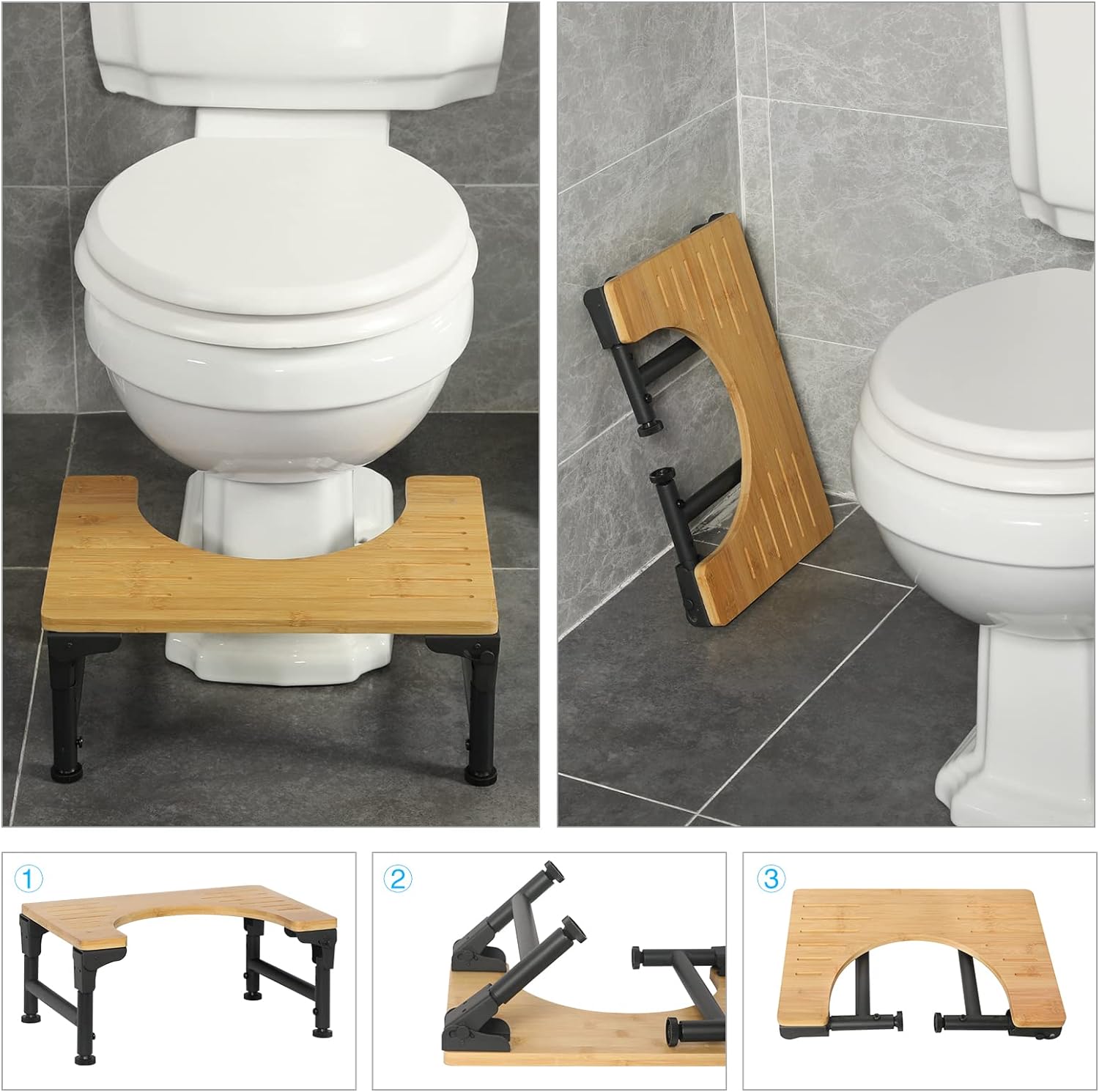 Foldable Bamboo Toilet Stool - Adjustable Height