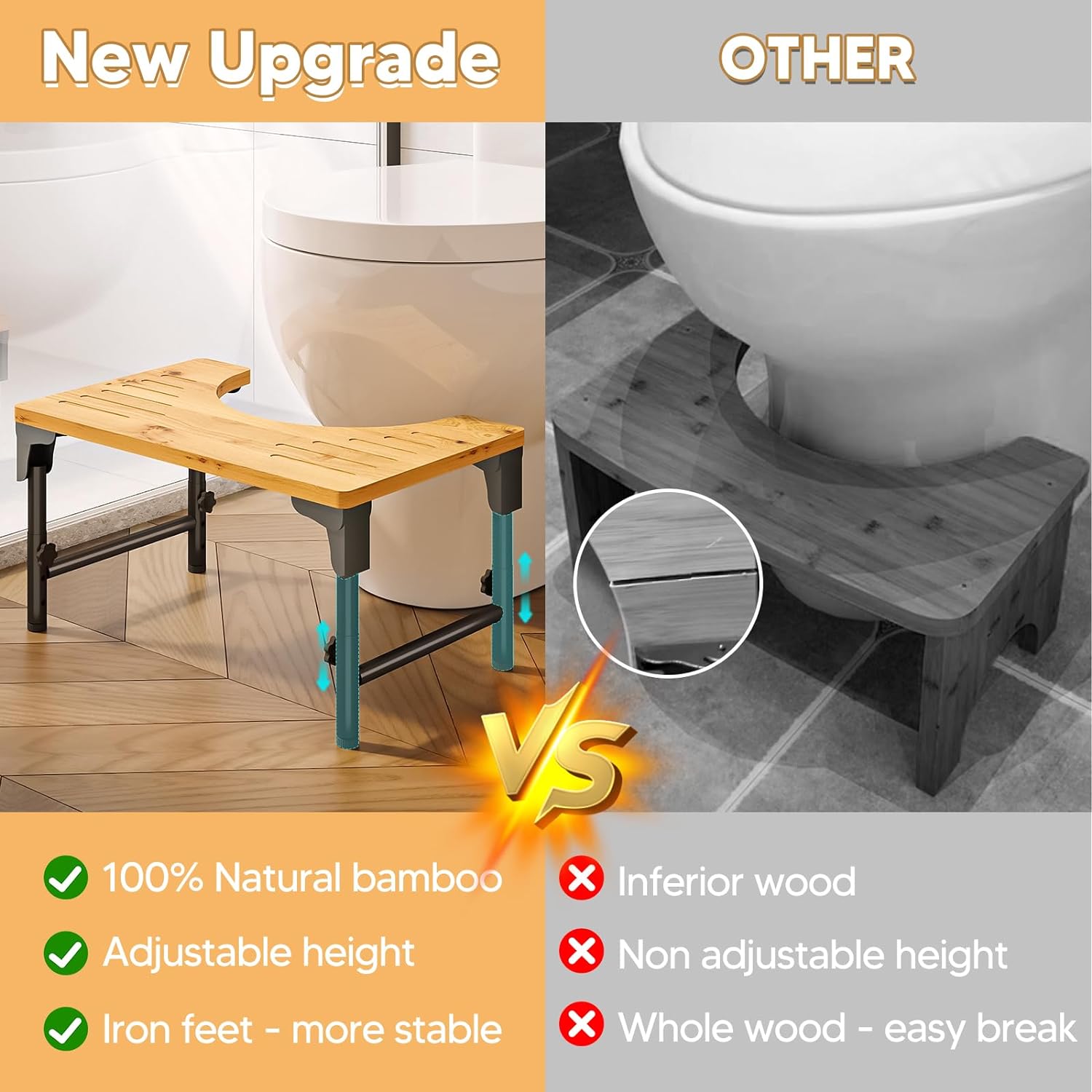 Foldable Bamboo Toilet Stool - Adjustable Height