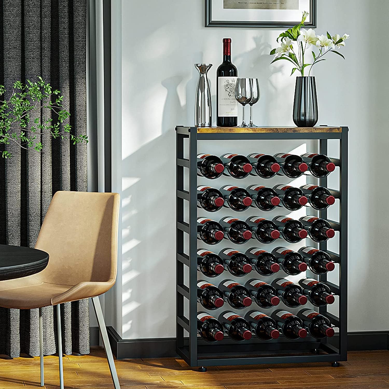 Heavy-Duty 6-Tier Wine Rack - 30 Bottle Storage Wooden Countertop