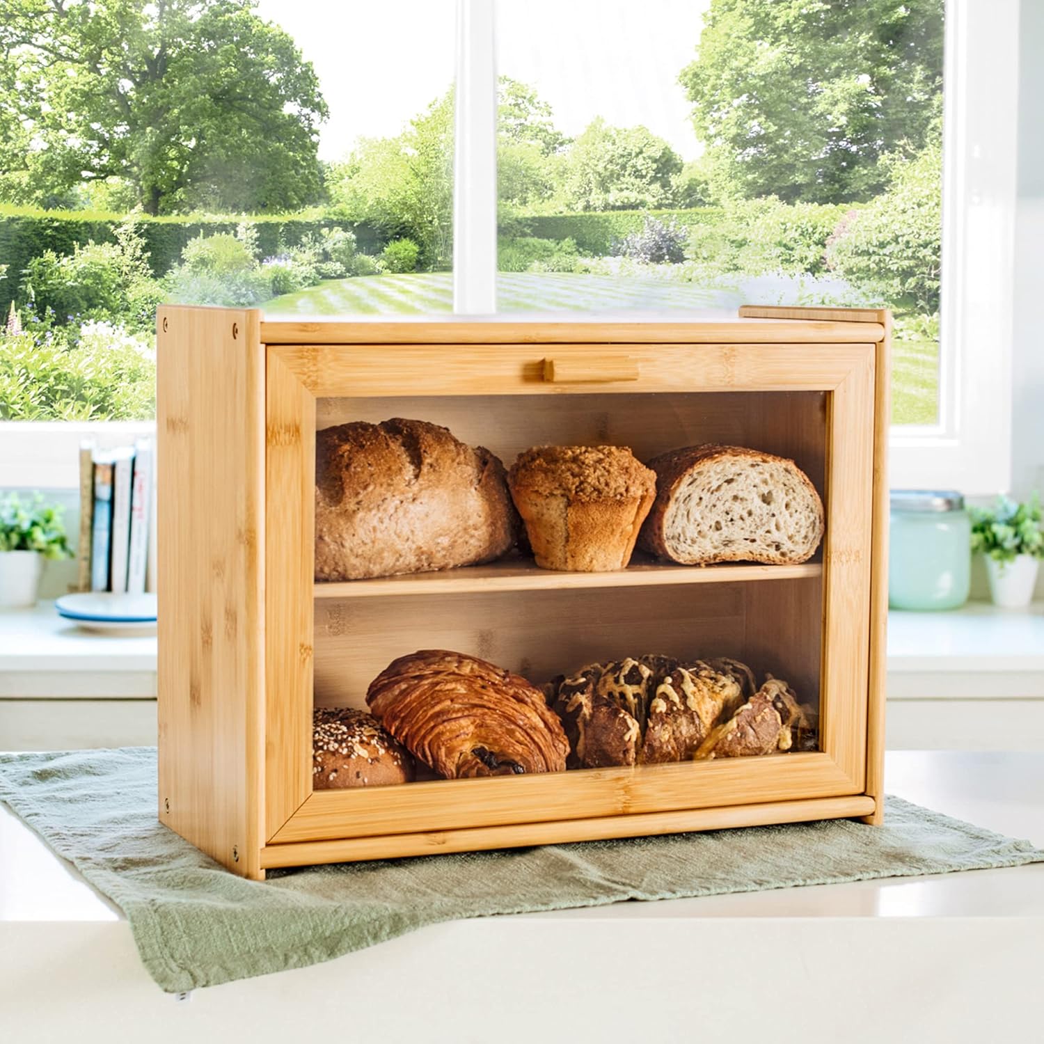 Stylish Bamboo Bread Box - Double Layer with Transparent Window