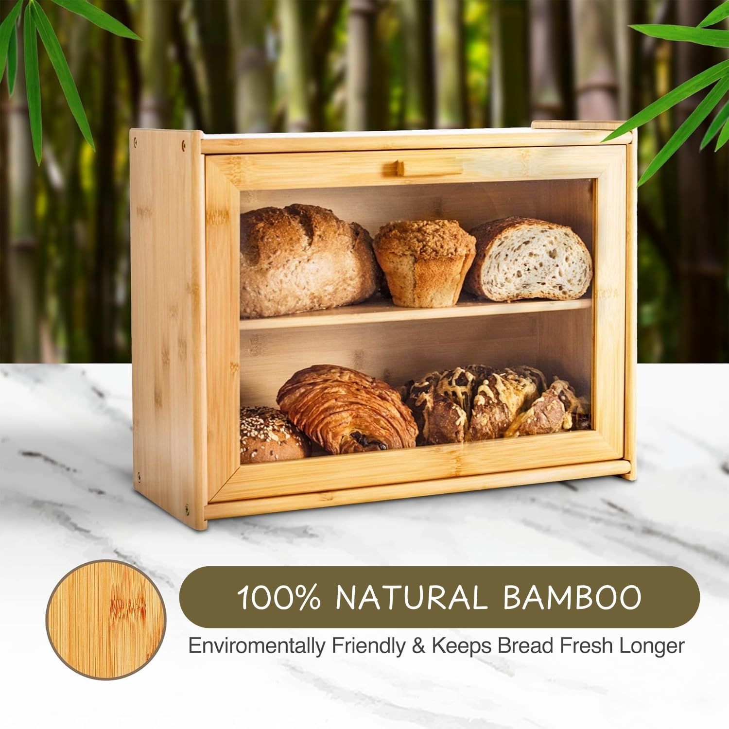 Stylish Bamboo Bread Box - Double Layer with Transparent Window