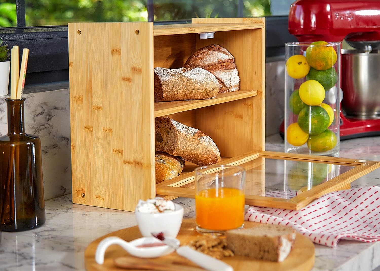 Stylish Bamboo Bread Box - Double Layer with Transparent Window