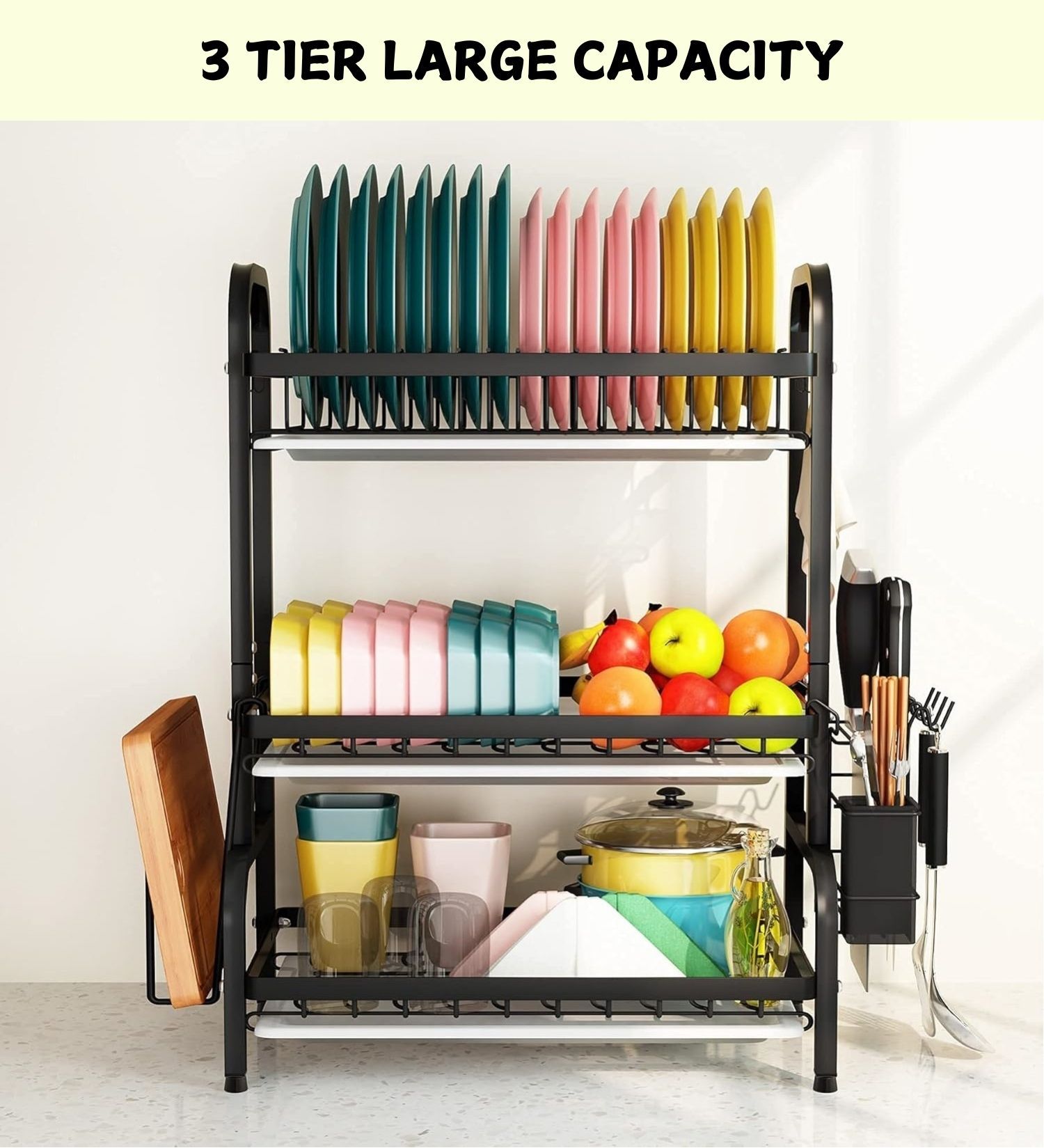 Durable 3-Tier Dish Drying Rack - Utensil & Cutting Board Holder