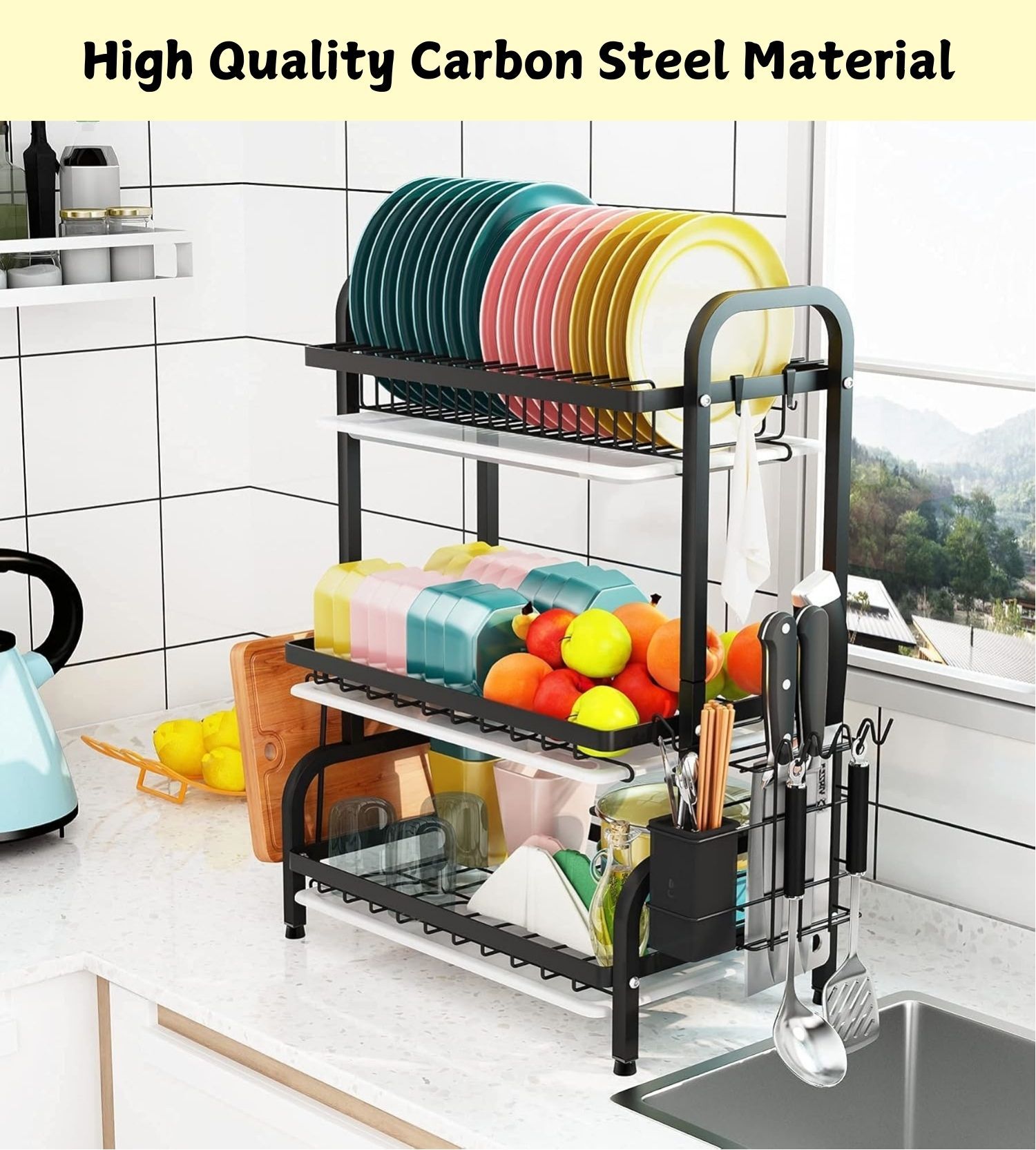 Durable 3-Tier Dish Drying Rack - Utensil & Cutting Board Holder