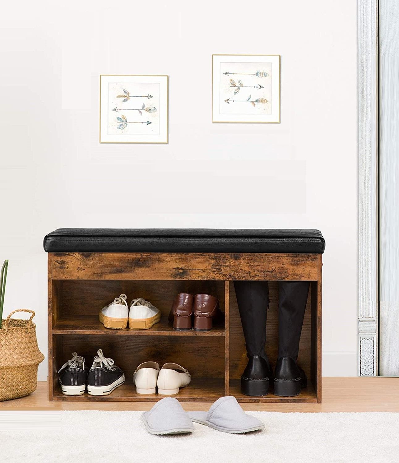 Shoe Storage Bench with Padded Cushion & Adjustable Shelf - Entryway & Living Room