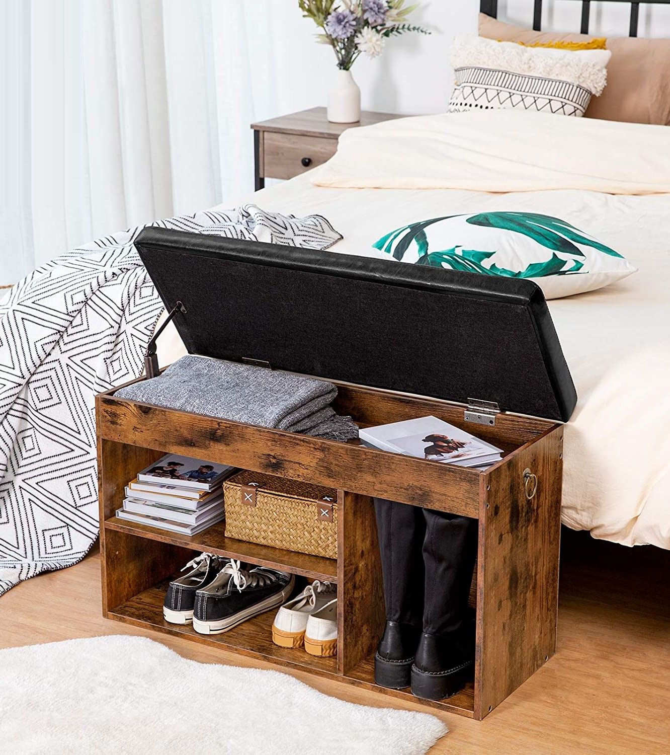 Shoe Storage Bench with Padded Cushion & Adjustable Shelf - Entryway & Living Room