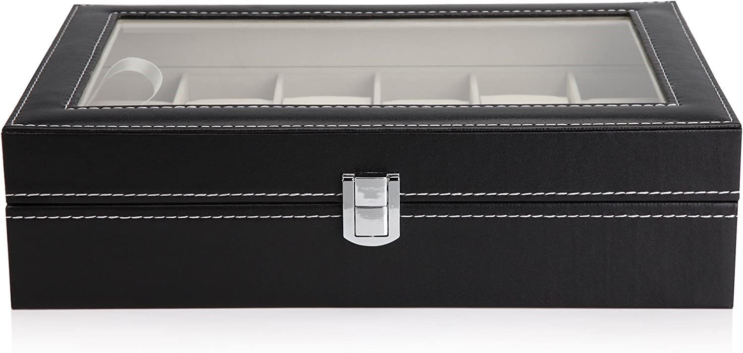 Black Pu Leather Watch Organizer Display Storage Box Cases (12 Slots)