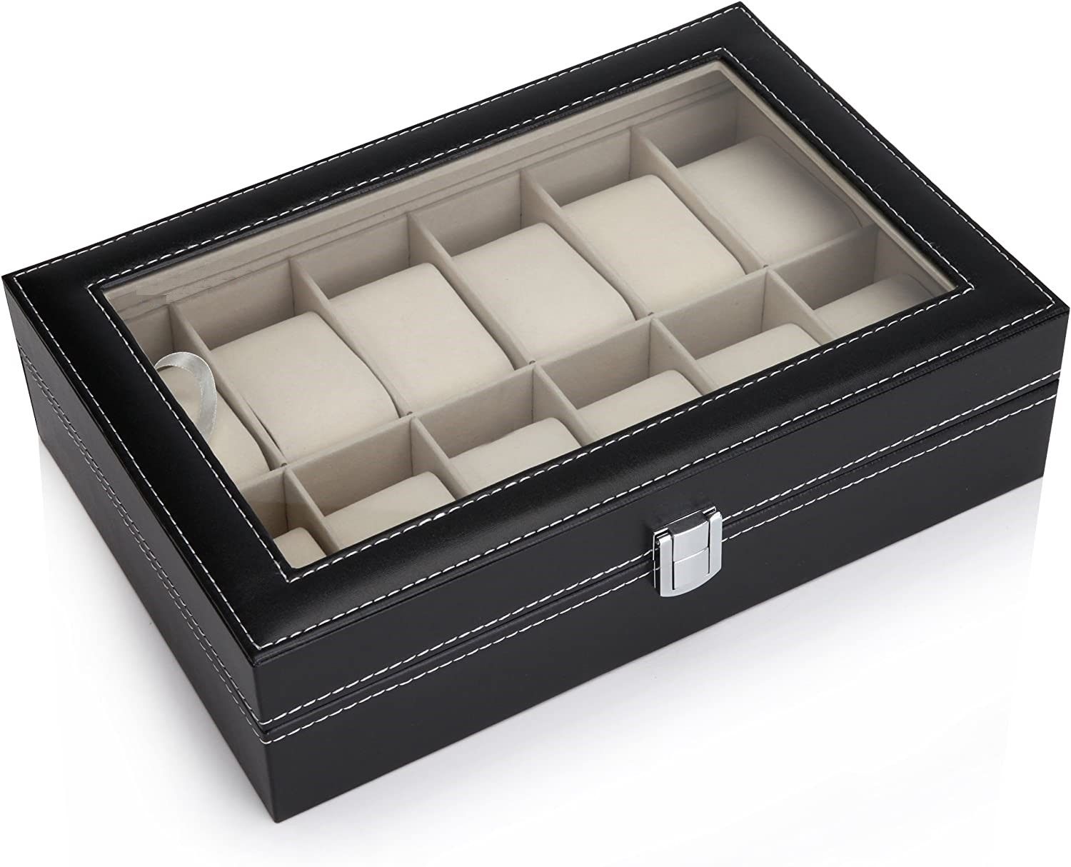 Black Pu Leather Watch Organizer Display Storage Box Cases (12 Slots)