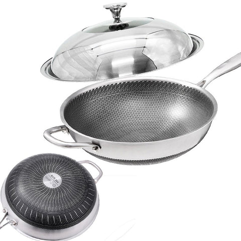 Non-Stick Stir Fry Cooking Kitchen Wok Pan With Lid Honeycomb Double Sided