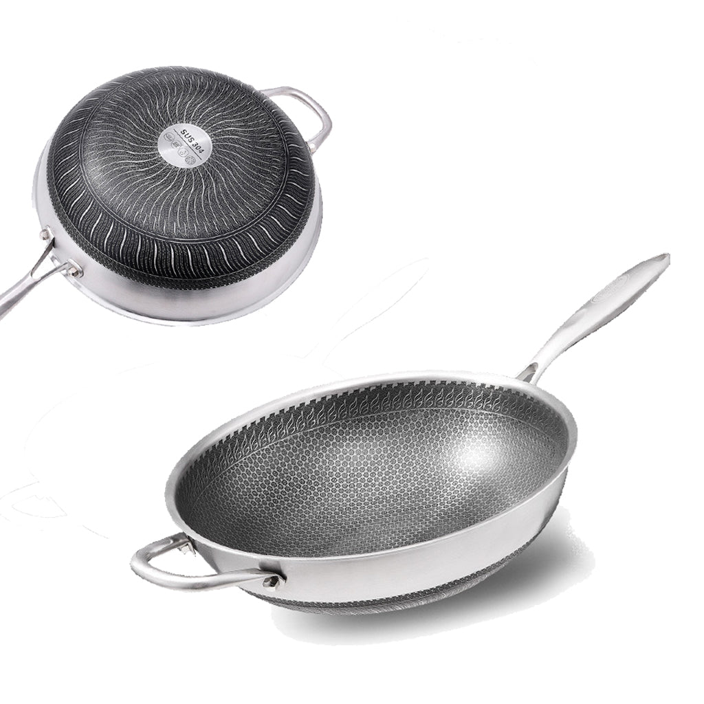 Stainless Steel 34Cm Non-Stick Stir Fry Cooking Wok Pan With Lid Double Sided