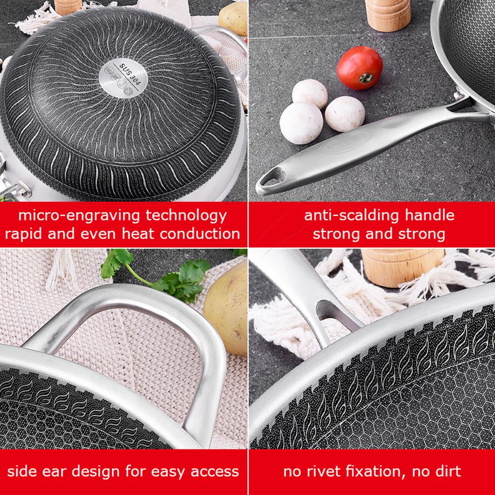 34Cm Stainless Steel Non-Stick Stir Fry Cooking Kitchen Honeycomb Wok Pan With Lid