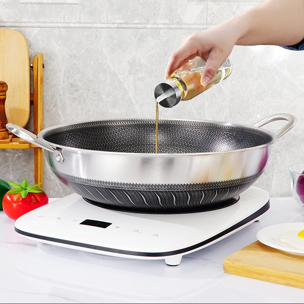 Double Ear Stainless Steel 40Cm Non-Stick Stir With Lid Honeycomb Double Sided