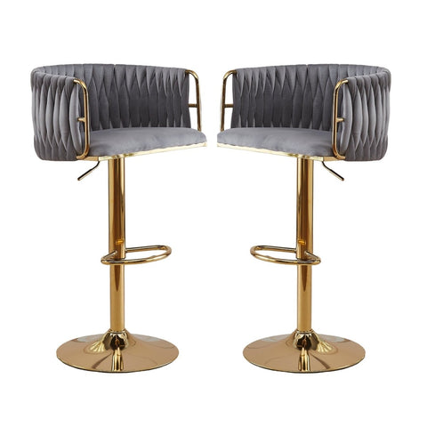 2x Height-Adjustable Ivory Velvet Swivel Bar Stools w/ Gold Base