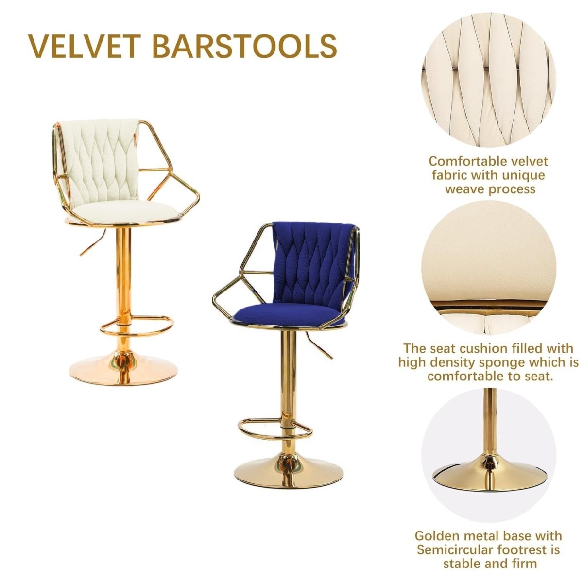 Black Velvet Bar Stools - Gold Base, Padded & Elegant (Set of 2)