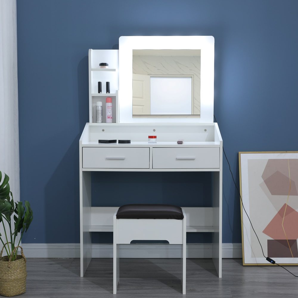 Vanity Set With Shelves Cushioned Stool And Lighted Mirror- White