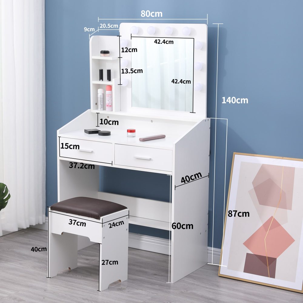 Vanity Set With Shelves Cushioned Stool And Lighted Mirror- White