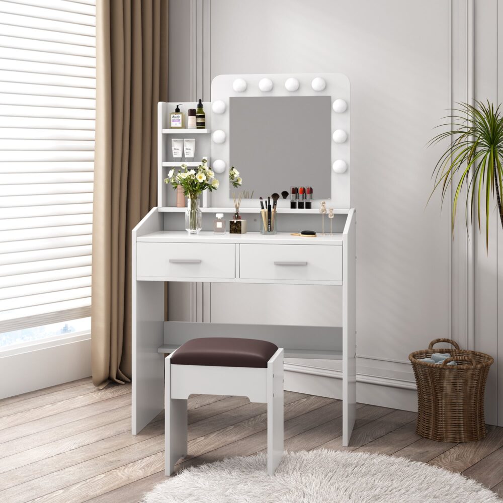 Vanity Set With Shelves Cushioned Stool And Lighted Mirror- White