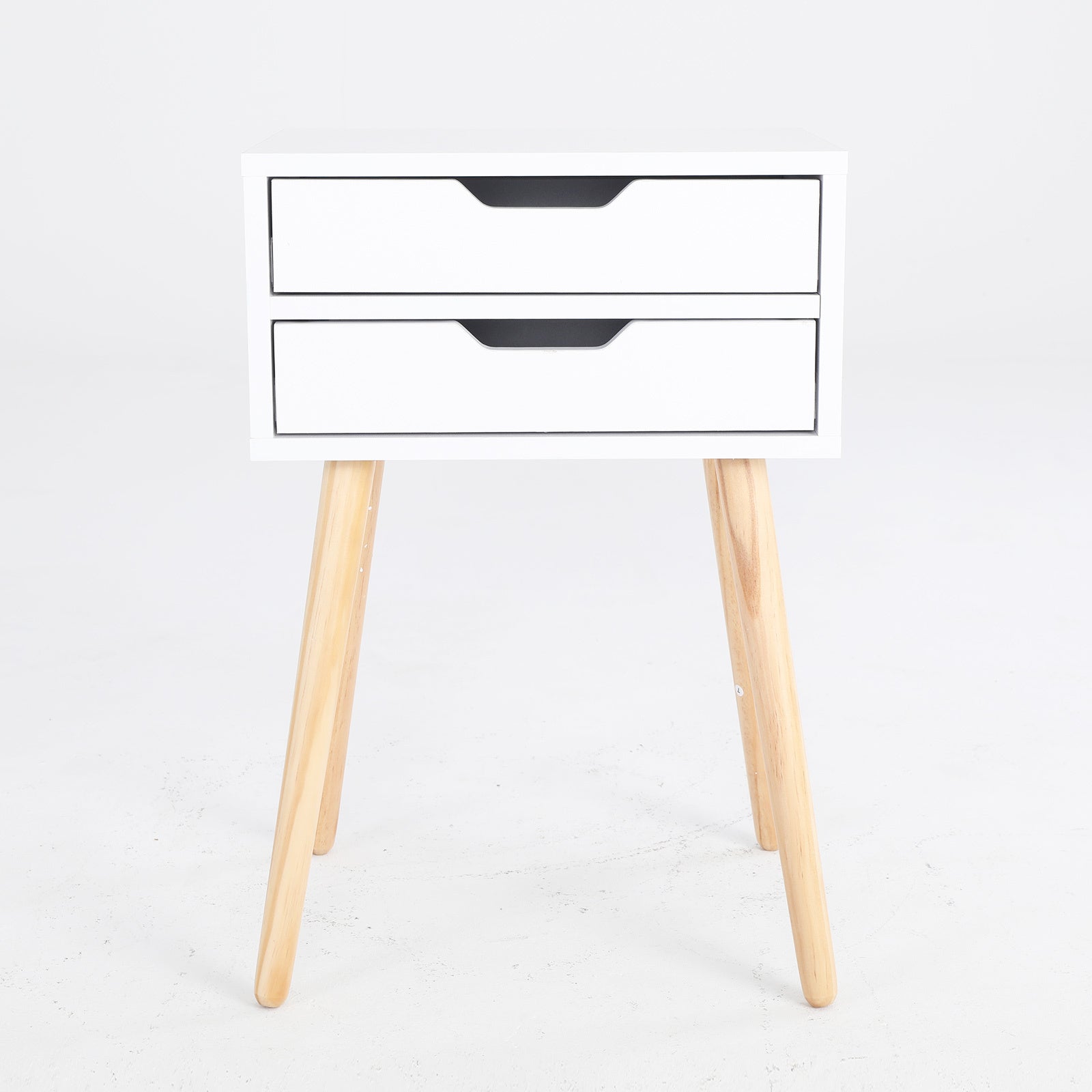 White Bedside Table with 2 Drawers and Wood Legs