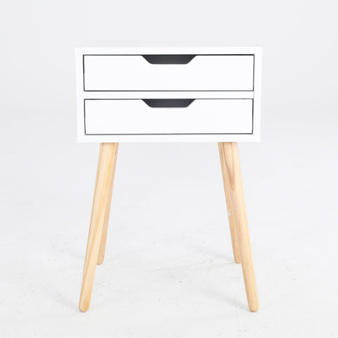 White Bedside Table with 2 Drawers and Wood Legs