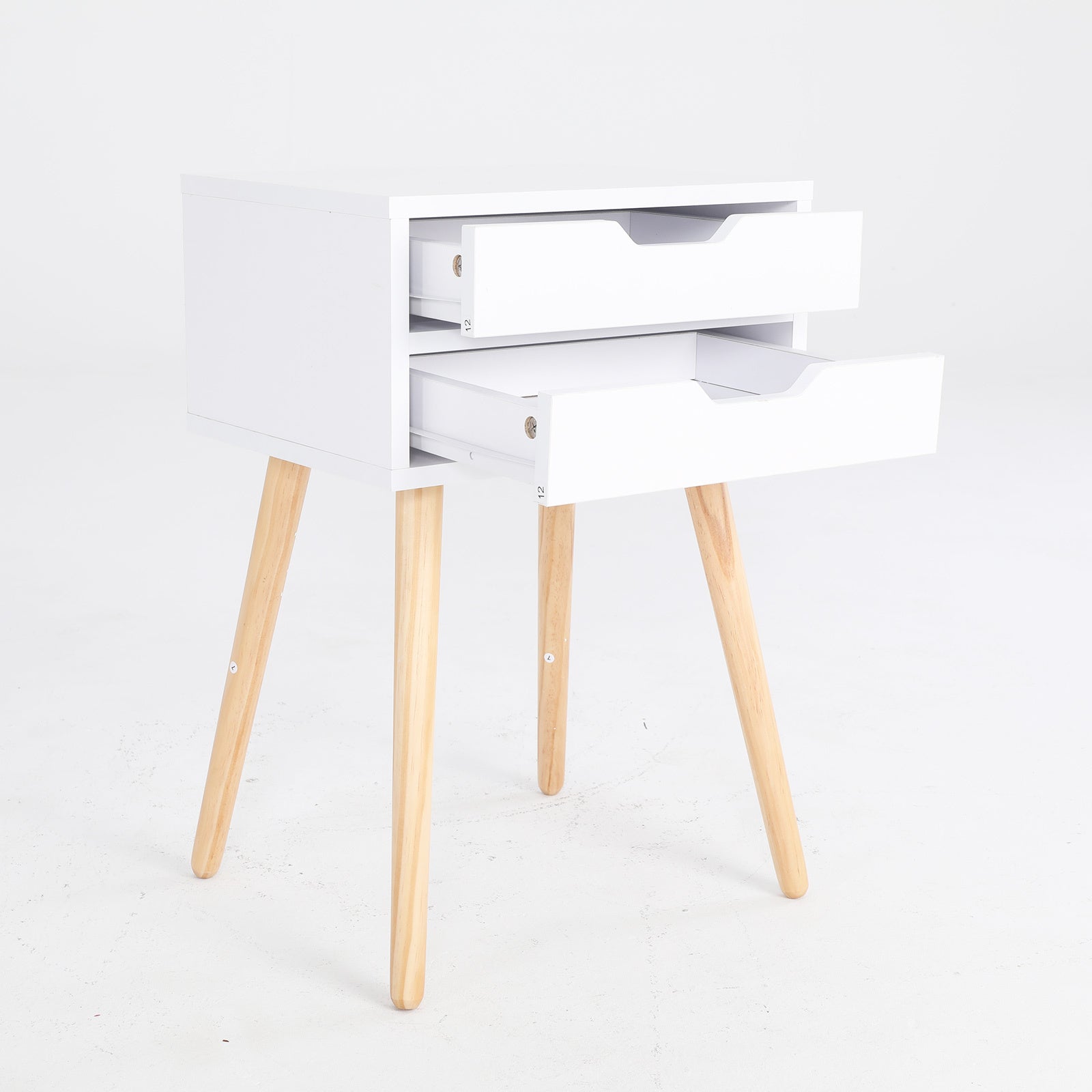 White Bedside Table with 2 Drawers and Wood Legs