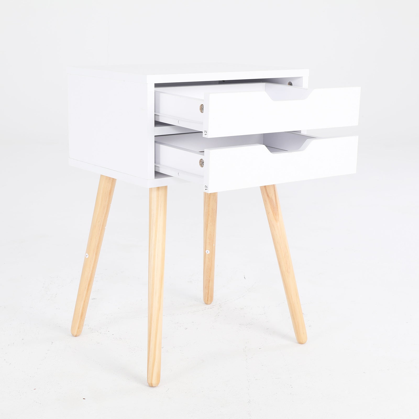 White Bedside Table with 2 Drawers and Wood Legs