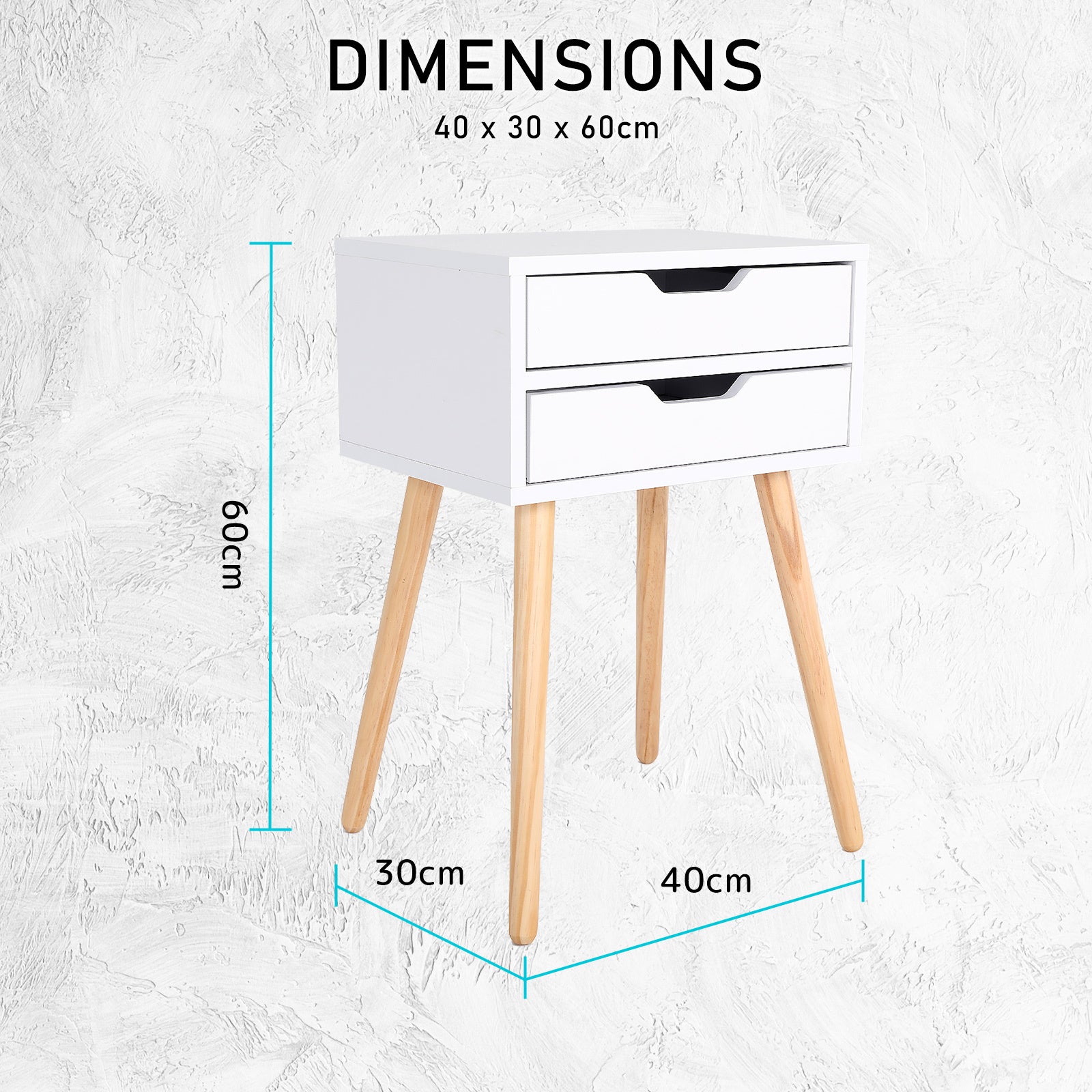 White Bedside Table with 2 Drawers and Wood Legs