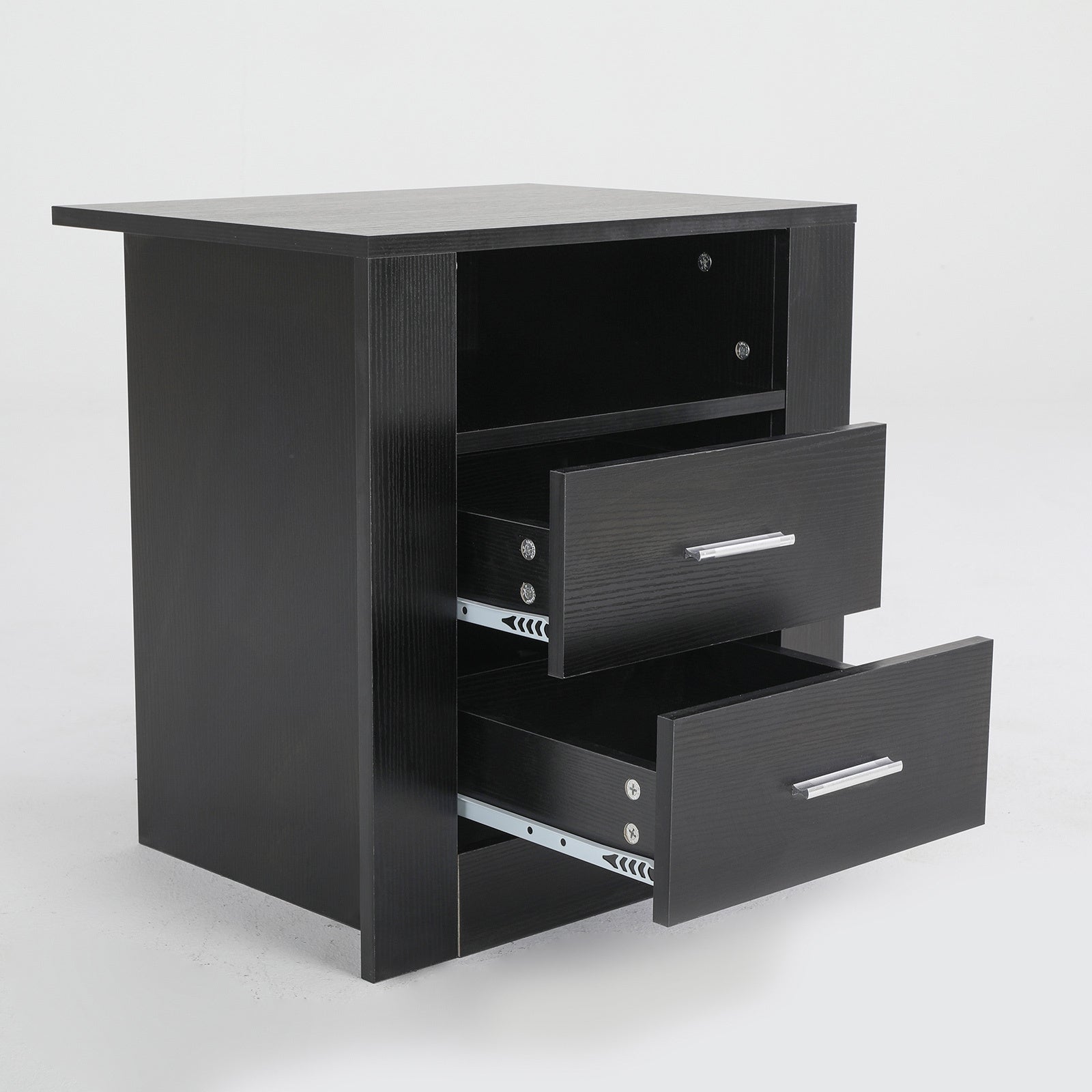 Black Bedside Table with 2 Drawers and 1 Shelf