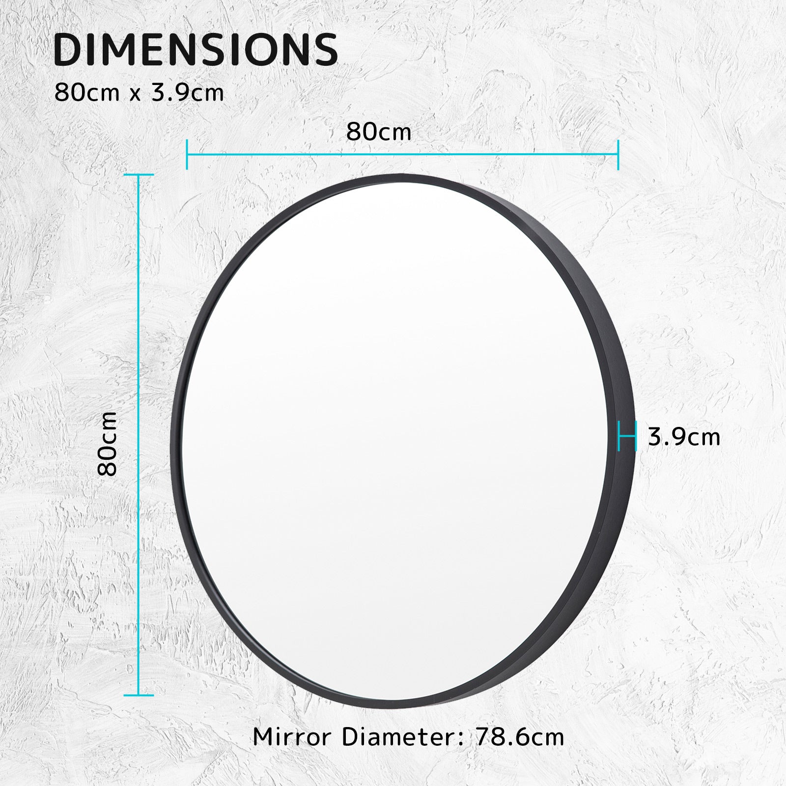 Wall Mirror Round Aluminum Frame Bathroom 80cm BLACK