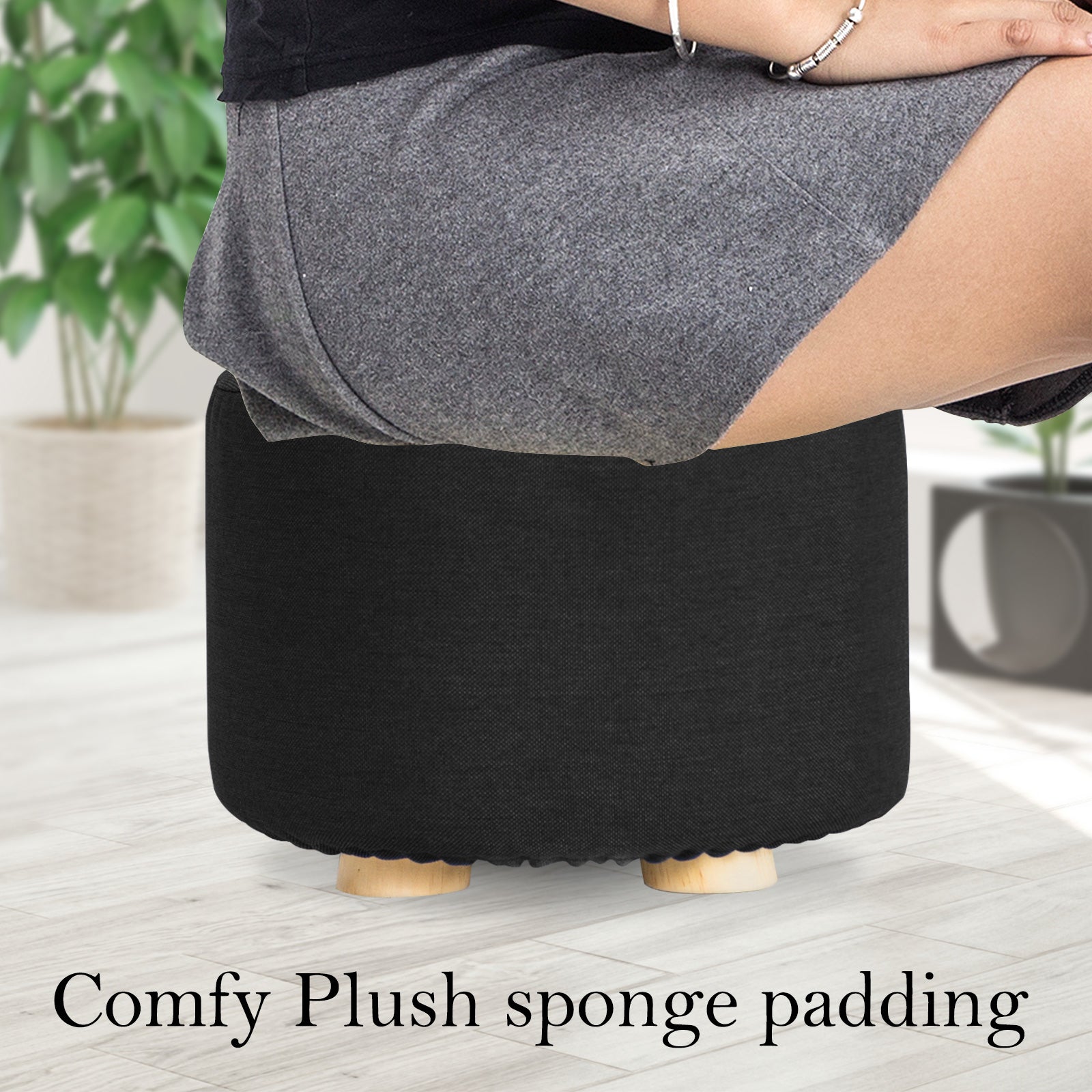 Fabric Ottoman Round Wooden Leg Foot Stool - BLACK