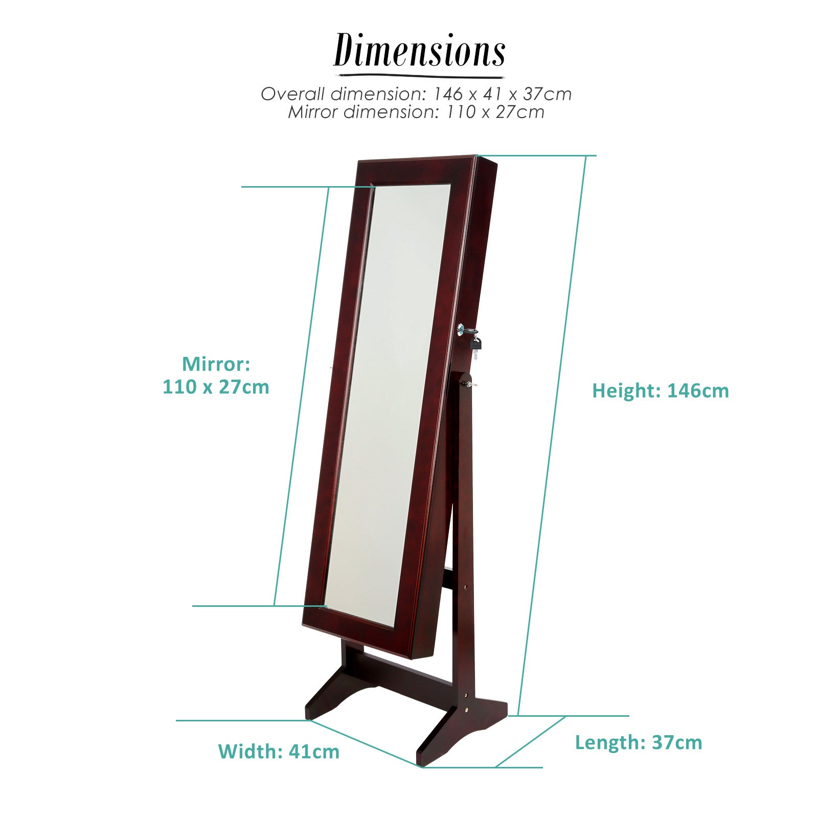 Mirror Jewellery Cabinet Storage Organiser LUVO 146cm WALNUT