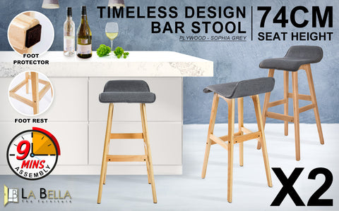 2X Wooden Bar Stool Dining Chair Fabric SOPHIA 74cm GREY